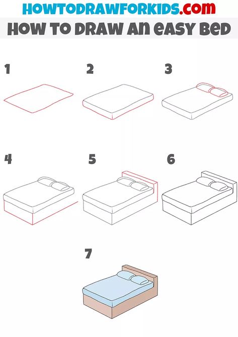 How to Draw an Easy Bed - Easy Drawing Tutorial For Kids 3d Bed Drawing, How To Draw A Bed Step By Step, How To Draw A Bedroom, Bedroom Drawing Easy, How To Draw A Bed, Bed Drawing Reference, Bed Drawing Easy, Bed Doodle, Bed Sketch