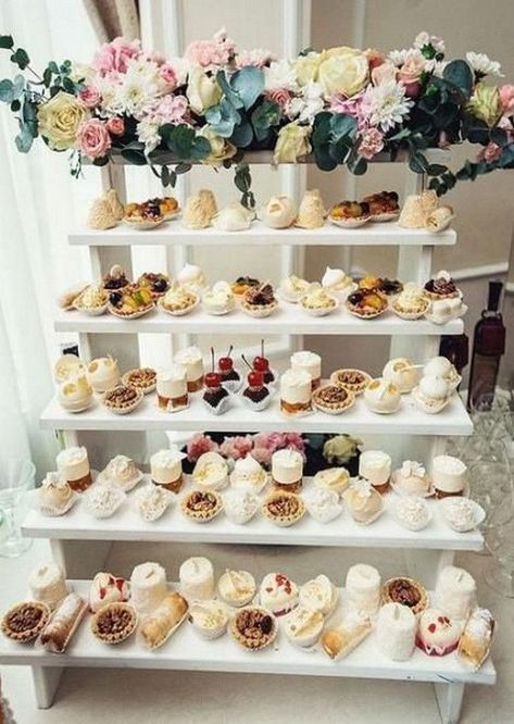 sweet simple wedding dessert display ideas #weddingdessertdisplay #bridalshowerdesserts #bridalshowerdessertdisplayideas #weddingdessertinspiration Catering Sweets Mini Desserts, Sweet Table Display Ideas, Sweets Buffet Wedding, Mini Desserts For Bridal Party, Wedding Sweets Table Ideas Mini Desserts, Desserts Display Ideas, Wedding Food Serving Ideas, Mini Desserts Wedding Display, Mini Desserts Display