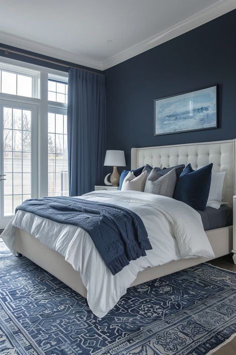 50+ Blue Bedroom Ideas for A Beautiful Calm Home – CreativeBooster Dark Teal Bedroom, Blue And Gold Bedroom, Blue Gray Bedroom, Dark Blue Bedrooms, Blue Bedroom Walls, Navy Blue Bedrooms, Blue Bedroom Design, White Bedroom Design, Blue Bedroom Decor