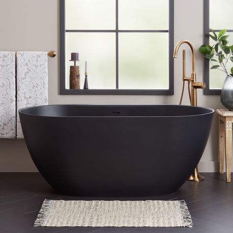 Freestanding Tubs, Soaking Tubs | Signature Hardware Black Freestanding Tub Bathroom, Black Tub Black Floor, Bathrooms With Black Tubs, Black Bath Tub Bathroom, Bathroom Interior Design Black And White, Black Soaker Tub, Free Standing Bath Tub Ideas, Black And Copper Bathroom, Black Faucets Bathroom