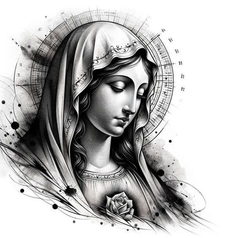 Mens Side Tattoos, Mary Tattoos, Christus Tattoo, Mother Mary Tattoos, Jesus Art Drawing, Tattoo 2023, Virgin Mary Tattoo, Christian Drawings, Mary Tattoo