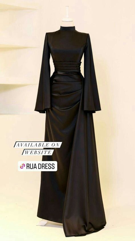 Muslimah Prom Dress, Black Satin Dress Hijab, Korean Modest Fashion, Modesty Clothing, Black Dinner Dress, Hijabi Dresses, School Dinner, Modest Dresses Fashion, Black Dresses Classy