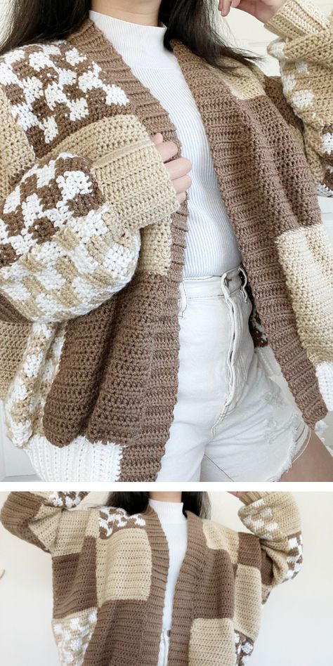 Diy Crochet Sweater, Cardigan Tutorial, Crochet Scarf For Beginners, Crochet Brown, Crochet Cardigan Pattern Free, Crochet Strawberry, Patchwork Cardigan, Blanket Knitting, Crochet Fashion Patterns