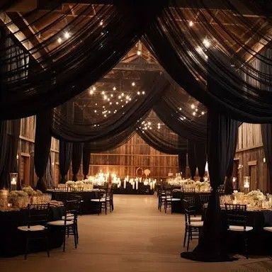 Boda Dark, Elegant Forest Wedding, Draping Wedding Reception, Ceiling Draping Wedding, Dark Themed Wedding, Elegant Halloween Wedding, Yellow And Blue Wedding, Brighton College, Wedding Drapery