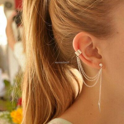 Color: as the picture. Leaf Ear Cuffs, Cartilage Ear Cuff, Trendy Stud Earrings, Ear Cuff Jewelry, Piercing Tragus, Long Chain Earrings, Fake Piercing, Long Tassel Earrings, Cuff Jewelry