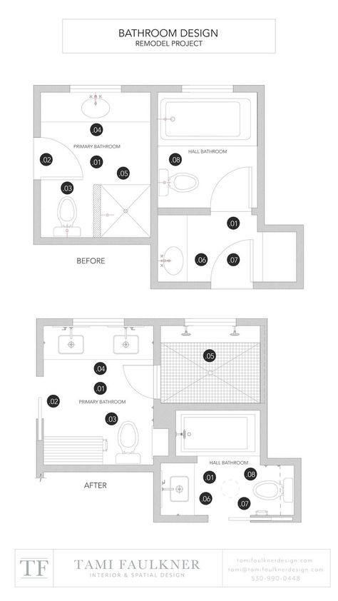 See how we improved a primary bathroom by incorporating space from an adjoining bathroom. Bathroom remodel, small bathroom floor plan with walk in shower, small bathroom with two sinks, spatial design expert, bathroom floor plan design Hall Bathroom Remodel, Small Bathroom Floor Plans, Tami Faulkner, Custom Floor Plans, Bathroom Plan, Bathroom Floor Plans, Spatial Design, Bathroom Remodels, Floor Remodel