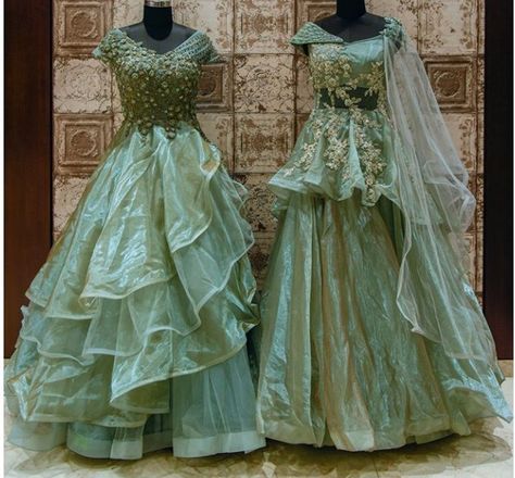 Beautiful organza weave Silk Gowns with modern and different silhouettes and drape.  Embellished with hand embroidery. #gown #g3 #Designer #Festival One Pices Dress Design For Party, Gown Latest Design, Gown For Party, Embroidery Gown, Gown For Wedding, Silk Gowns, Women Gown, Gown Green, Fashion Designing Course