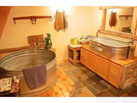 stock tank bathtub | Bathroom - stock tank tub and sink awesome!! this would be the best bathroom for a cabin or vacation home, pool house or guest house!!! Country Bathtub, Stock Tank Tub, Stock Tank Bathtub, Trough Bathtub, Bathtub Ideas, Silo House, Rustic Bathroom Designs, Country Bathroom, Stock Tank