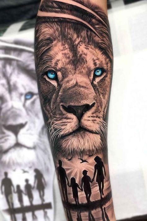 Son Sleeve Tattoo, Tattoo For Men On Forearm, Leones Tattoo, Lion Family Tattoo, Family Sleeve Tattoo, Leon Tattoo, Lion Forearm Tattoos, Family Tattoos For Men, Tiger Tattoo Sleeve