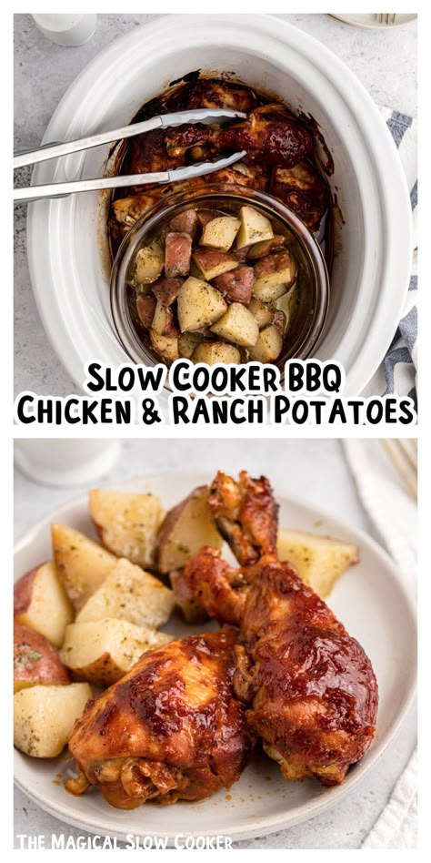 Chicken drumsticks and ranch potatoes in the slow cooker! A one pot meal. - The Magical Slow Cooker Crockpot Meat Dishes, Bbq Chicken Potatoes, Crockpot For 2, September Meal Plan, August Meal Plan, October Meal Plan, November Meal Plan, A Week Of Dinners, Favorite Crockpot Recipes