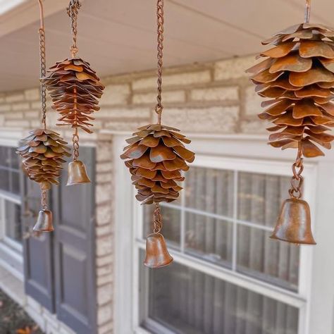 Fall Dinner Party, Outdoor Deco, Pinecone Ornaments, Garden Decor Items, Farmhouse Garden, Lawn Ornaments, Pine Cone Crafts, Bell Ornaments, Garden Structures