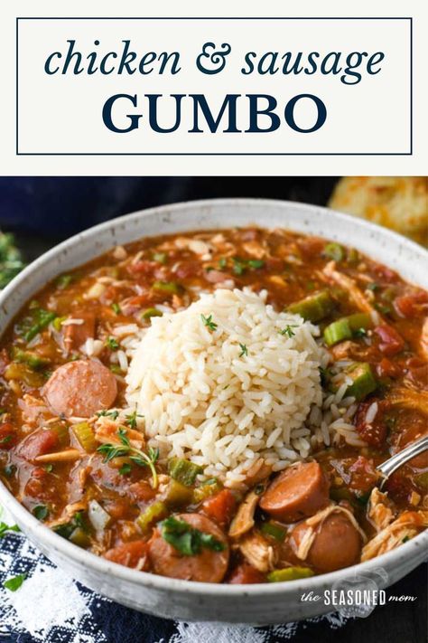 This Louisiana chicken and sausage gumbo with okra, a roux, and The Holy Trinity of onions, celery, and bell peppers is a classic Cajun stew! Top each bowl with a scoop of rice for a hearty, flavorful, and satisfying dinner. You don't need to go to New Orleans to enjoy an easy gumbo recipe! Easy Gumbo, Gumbo Recipe Easy, Chicken And Sausage Gumbo, Chicken Sausage Gumbo, Cajun Gumbo, Chicken Gumbo, Chicken And Sausage, Sausage Gumbo, Homemade Chicken Stock