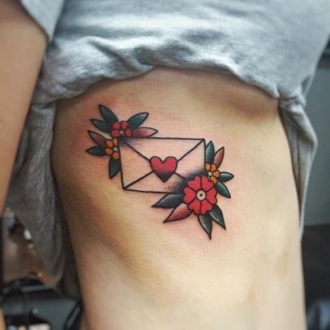 Love Letter Tattoo, Envelope Tattoo, Traditional Tattoo Woman, Cow Tattoo, Traditional Tattoo Flowers, Bouquet Tattoo, Traditional Tattoo Sleeve, Japanese Sleeve Tattoos, Traditional Tattoo Flash