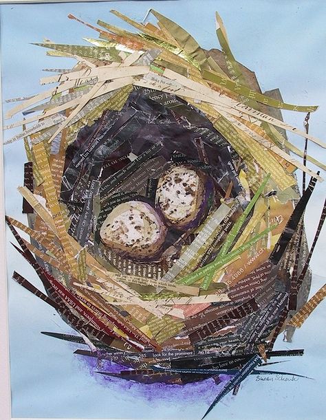 Nest Sculpture, Nest Watercolor, Collage Animals, Nest Art, Nature Collage, Watercolor Mixed Media, Painting Metal, Collage Art Projects, Paper Collage Art