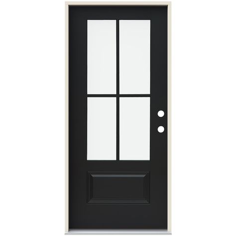 JELD-WEN 36-in x 80-in Fiberglass 3/4 Lite Left-Hand Inswing Black Painted Prehung Single Front Door with Brickmould Insulating Core in the Front Doors department at Lowes.com Jeld Wen Doors, Front Entry Door, Black Front Doors, Glass Hinges, Fiberglass Door, Glass Insulators, Front Entry Doors, House Exteriors, Black Doors