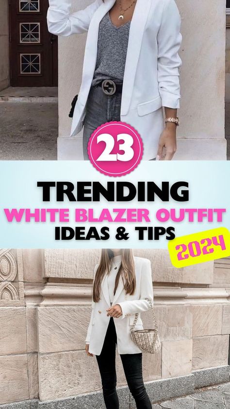 Stay on-trend with these 2024 elegant white blazer outfit ideas and fashion-forward tips for every season. White Sneakers With Blazer, Women White Blazer Outfit, White Blazer Fall Outfit, Styling A White Blazer, How To Style A White Blazer, Off White Blazer Outfit, Ivory Blazer Outfit, White Blazer Outfit Casual, White Blazer Outfit Work