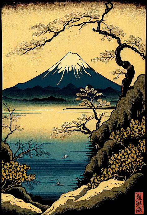 Japanese Nature Drawing, Japanese Mountains Art, Mount Fuji Art, Vintage Pop Art Wallpaper, Mount Fuji Drawing, Fuji Mountain Illustration, Fuji Mountain Painting, Japanese Art Drawing, Japanese Mountain Art