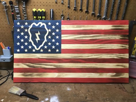 Wood Burned American Flag, 7th Infantry Division, Woodwork Plans, 25th Infantry Division, Tattered American Flag, Tattered Flag, Pallet Flag, Wood Flag, Military Pictures