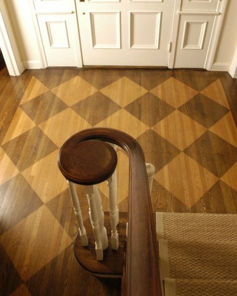 Overlooking View of Checkerboard Wood Floor with Sisal Stair Runner for Home Project Updates Sisal Stair Runner, Painted Wood Floors, Liz Marie Blog, Finding Inspiration, Stair Runner, Home Office Space, Painted Floors, Can Lights, Kitchen Stools