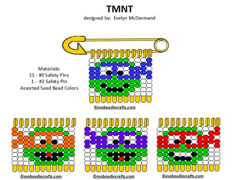 tmnt.gif 720×542 pixels Safety Pin Bead Art, Safety Pin Patterns, Tmnt Gif, Safety Pin Projects, Safety Pin Jewelry Patterns, Bead Pins, Friendship Pins, Safety Pin Art, Safety Pin Crafts