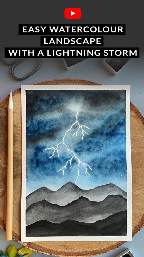 Watercolour painting of a landscape with a dark blue stormy sky and lightning hitting mountains. Simple Landscape, Watercolor Art Landscape, Watercolour Landscape, Learn How To Paint, Lightning Storm, Easy Watercolor, Learn To Paint, Simple Art, How To Paint