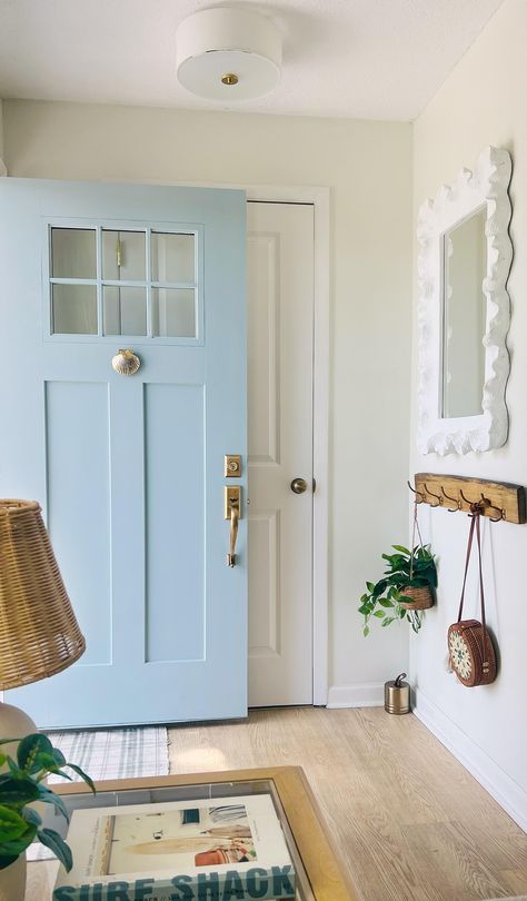 Robin Egg Blue Front Door, Dutch Back Door, Cali Coastal Decor, Coastal Interior Doors, Cottage Beach House Decor, Charleston Home Aesthetic, Pale Blue Front Door, Cornflower Blue Front Door, Sea Salt Door