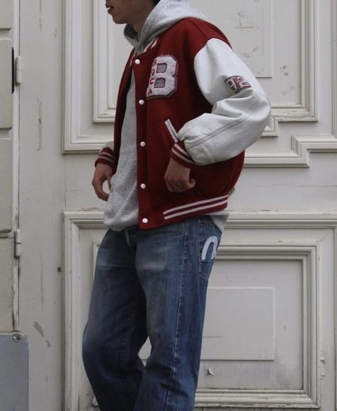 Letterman Jacket Mens Outfits, Red Letterman Jacket Outfit Men, Red And White Varsity Jacket Outfit, Lettermen Jacket Outfit Men, Red Outfits Men Aesthetic, Jock Outfits Men, Red Letterman Jacket Outfit, 80s Jock Aesthetic, Varsity Jacket Aesthetic Boy