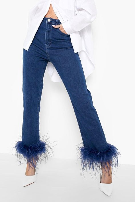 Feather Trim High Waist Straight Leg Jeans | boohoo Jeans With Feathers, Perfect Jeans Fit, High Waisted Straight Leg Jeans, Blue Jean Outfits, Jeans Fabric, Feather Trim, Halter Tops, Jeans For Sale, Fashion Face