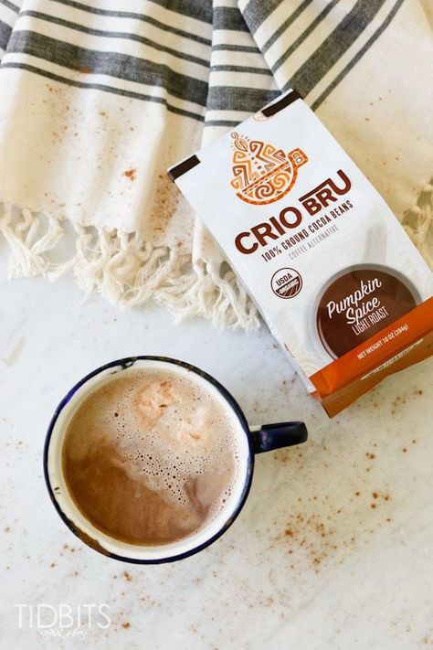 Top shot of a mug of Crio Bru next to packaging Kids Crafts Thanksgiving, Crio Bru, Spiced Whipped Cream, Utah Food, Healthy Hot Chocolate, Pumpkin Drinks, Pumpkin Dip, Nut Milk Bag, Healthy Instant Pot