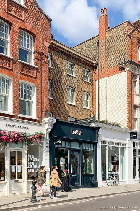 Street Shops Architecture, Kensington High Street, Vintage Shops London, Shopping Street Design, London High Street, London Shops Aesthetic, Shopping Street Architecture, London Shopping Aesthetic, London Shopping Street