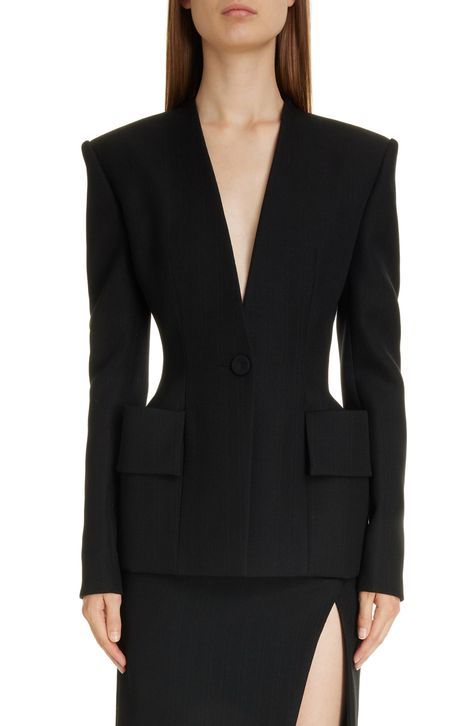 Givenchy Pocket Detail Hourglass Wool Blazer available at #Nordstrom Fashion Study, Armani Suits, Collarless Jacket, Strong Shoulders, Formal Outfits, Work Style, Lucky Girl, Formal Outfit, Blazer Buttons