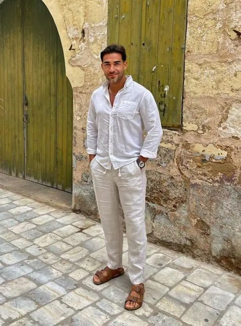 Man Linen Pants Outfit, Old Money Linen Outfit Men, Linen Fits Men, Linen Summer Outfit Men, Beach Sandals Men, Mediterranean Outfit Men, Men Linen Outfit Summer, Linen Outfit Men, Old Money Summer Outfits Men