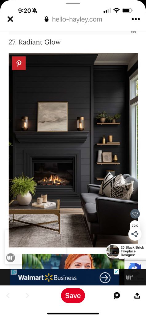 Black Fireplace With Shelves, All Black Fireplace Wall, Moody Fireplace Wall, All Black Fireplace, Dark Fireplace Wall, Moody Fireplace, Black Fireplace Wall, Wood Fireplace Surrounds, Wood Mantle Fireplace