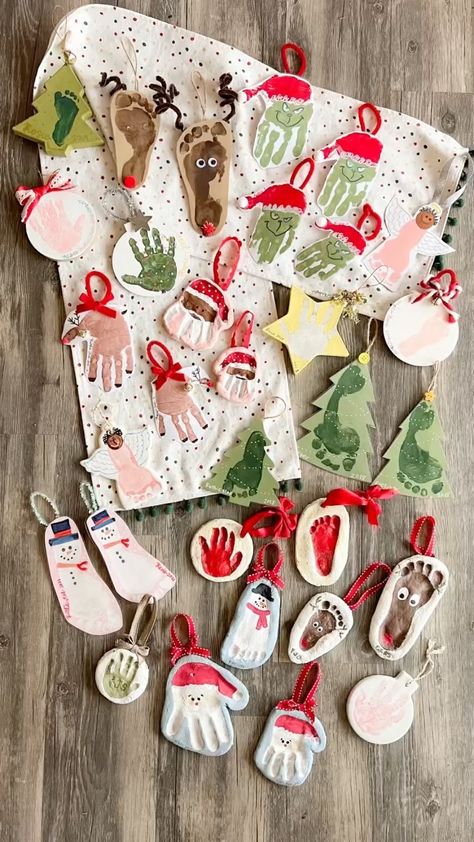 Baby Ordiment Ideas Diy, Feet Print Christmas Crafts, Hand Print Christmas Decorations, Christmas Kids Plates Hand Prints, Infant Salt Dough Ornaments, Salt Dough Keepsake Ornaments, Kids Hand Print Ornaments, Clay Handprint Christmas Ornaments, Toddler Ornament Craft Hand Prints