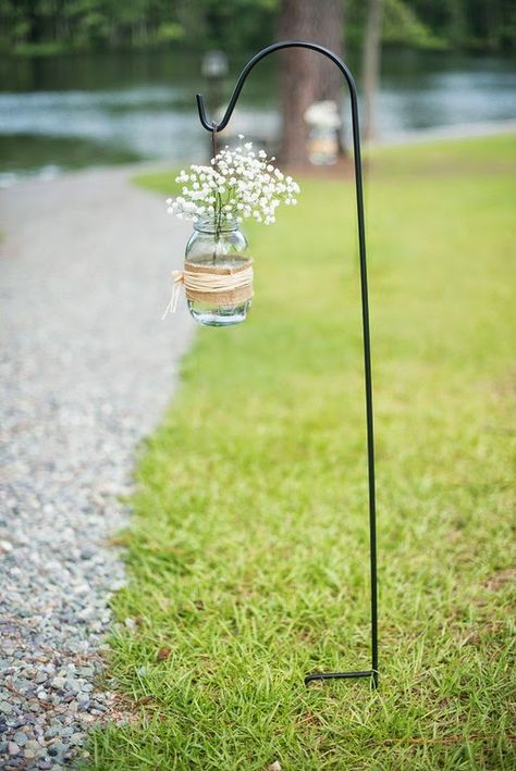 Vege Garden Ideas, Garden Hooks, Cement Garden, Aisle Decorations, Cottage Wedding, Shepherds Hook, Floral Event Design, May Weddings, Garden Party Wedding