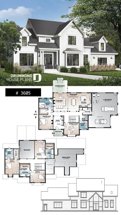 Large modern farmhouse with 4 master suites, large bonus room above 3-car garage, home office, 11' ceiling Large Modern Farmhouse, Country Farmhouse House Plans, Garage Home Office, Side Garage, Garage Bedroom, Basement House Plans, Farmhouse Floor Plans, Sims 4 House Plans, Casas The Sims 4