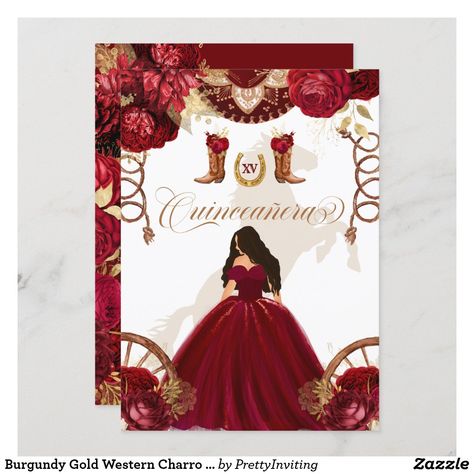 Burgundy Gold Western Charro 2-Sided Quinceanera Invitation Charro Invitations Quinceanera, Gold Quinceanera Theme, Charro Theme, Red Quinceanera Ideas, Budget Birthday, Charro Quinceanera Dresses, Quince Invitations, Quinceanera Planning, Quince Decorations