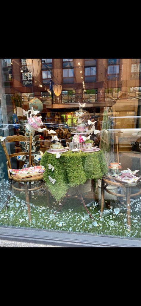 Spring Flower Window Display, Storefront Spring Window Display, Spring Flower Shop Window Display, Spring Window Displays Store Fronts, Flower Shop Window Displays Store Fronts, Flower Shop Display Window, Easter Display Retail Shop Windows, Tea Party Window Display, Floral Store Window Display