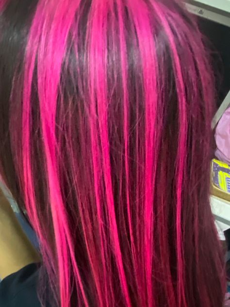 Hot Pink Streaks In Black Hair, Ginger Hair With Pink Skunk Stripe, Dark Hair With Hot Pink Highlights, Y2k Pink Highlights, Hot Pink Peekaboo Highlights, Black Hair And Pink Highlights, Pink Skunk Hair On Brown Hair, Pink Sunk Strip Hair, Hot Pink Hair With Light Pink Highlights