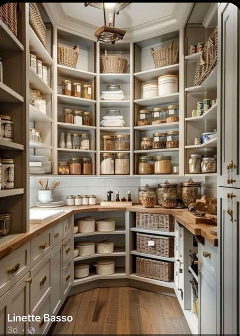 Butcher Block Pantry, Kitchen With Butlers Pantry Layout, Dream Pantry Walk In, Luxury Pantry, Modern Farmhouse Pantry, Farmhouse Kitchen Pantry, Kitchen Pantry Ideas, Walk In Pantry Ideas, Pantry Lighting