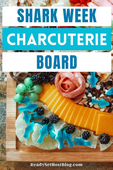 Sea Theme Charcuterie Board, Shark Charcuterie Board Ideas, Mermaid Themed Charcuterie Board, Sharkcuterie Boards, Shark Week Charcuterie Board, Shark Themed Charcuterie Board, Nautical Charcuterie Board, Sharkutery Board Shark, Ocean Themed Charcuterie Board