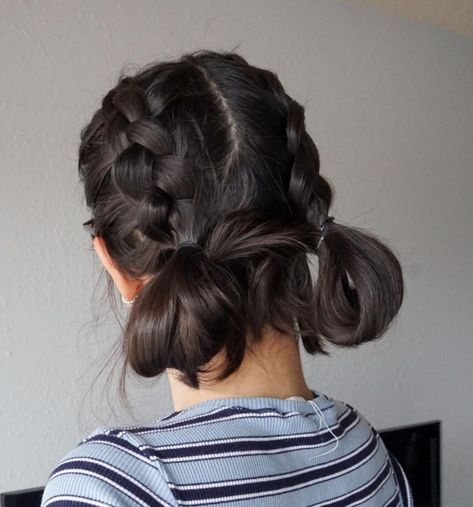 Dutch Braids Low Buns Hairstyle For Workout, Dutch Braid Low Bun, Braid Low Ponytail, Athletic Hair, Nurse Hair, Game Day Looks, Nurse Hairstyles, Sports Hair, Low Buns