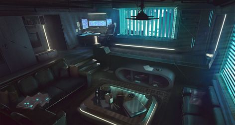 Cyberpunk Office, Sci Fi Apartment, Cyberpunk Interior Design, Futuristic Apartment, Cyberpunk Apartment, Cyberpunk Interior, Sci Fi Room, Cyberpunk Room, Scifi Interior