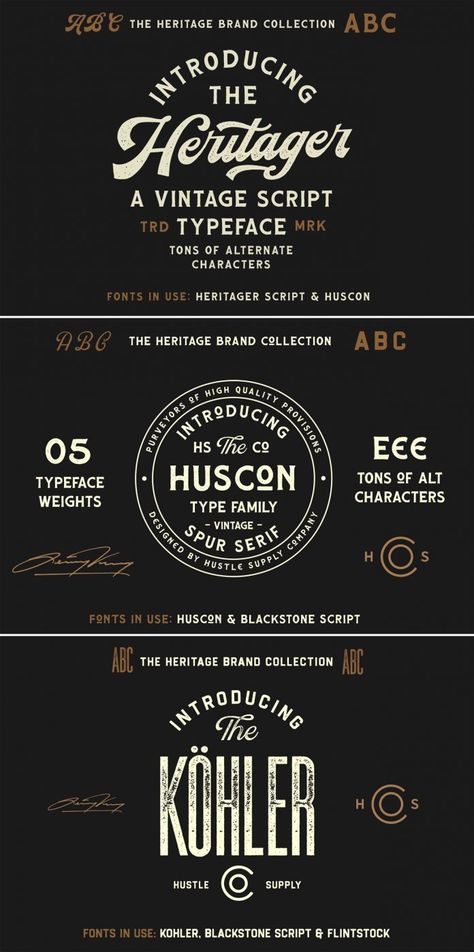 The Heritage Brand Collection — 60+ font files and 25 vintage logo templates from Hustle Supply Co. Heritage Graphic Design, Heritage Branding Design, 30s Logo Design, Antique Branding Design, Barber Branding, Vintage Wordmark Logo, Vintage Company Logo, Heritage Branding, 1900s Typography