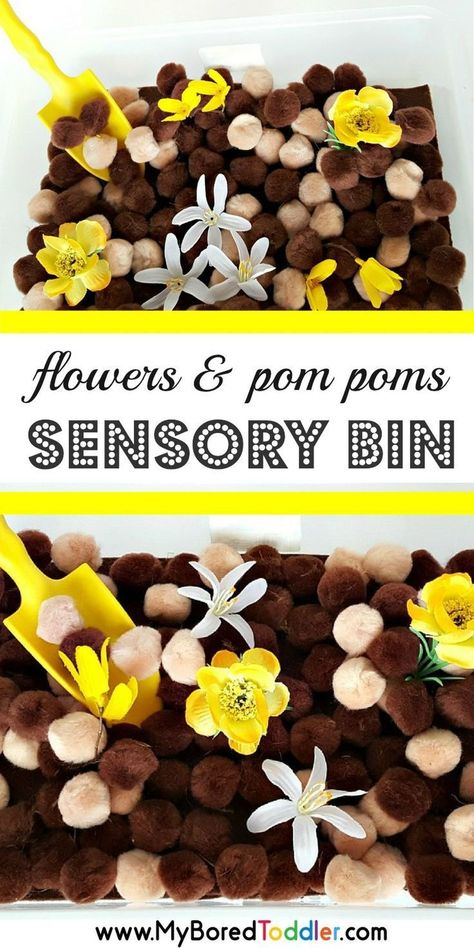 flowers and pom poms sensory bin for toddlers spring sensory bins #sensorybin #toddlercraft #toddleractivities #senosryplay Spring Sensory Bin, Sensory Bin For Toddlers, Spring Sensory, Toddler Sensory Bins, Sensory Tubs, Spring Activity, Sensory Bags, Sensory Activities Toddlers, Toddler Sensory