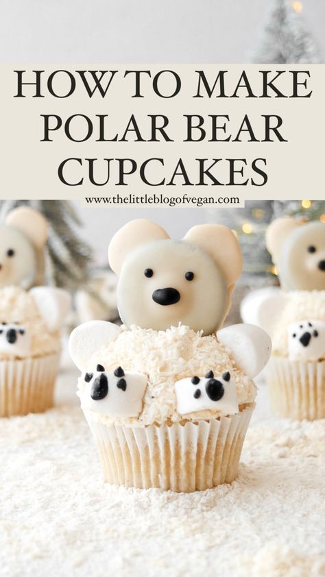 How to make these adorable Polar Bear Cupcakes! Easy + Vegan Polar Bear Cupcakes, Polar Bear Cupcake, Polar Bear Party, Polar Bear Baby Shower, Penguin Cupcakes, Winter Cupcakes, Bear Cupcakes, Bear Baby Shower Theme, Vegan Marshmallows