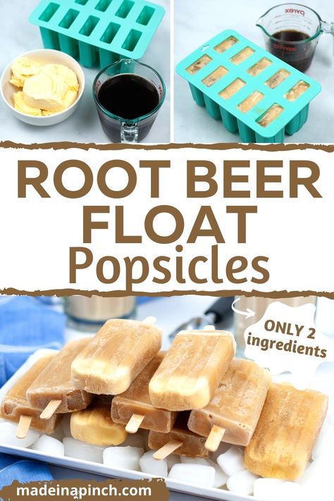 Root Beer Float Popsicles! These frozen pops have only 2 ingredients and are a super fun summer treat! Containing your favorite flavors of root beer and ice cream AND keeping you cool in the heat. Make these root beer popsicles today! #popsiclerecipes #DIYpopsicles #rootbeerfloatpops #frozendesserts #summerdesserts #popsicles #rootbeerpops #RootBeerFloat Root Beer Float Popsicles, Homemade Root Beer, Homemade Rootbeer, Frozen Treats Recipes, Raspberry Ice Cream, Beer Float, Homemade Popsicles, Easy Summer Desserts, Root Beer Float