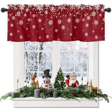 PERFECT SIZE WITH ROD POCKET: The package includes 1 panel window curtain valance. Size: 54"W x 18"L, fits standard windows 22"  46" GREAT MATERIAL: Selected from high quality polyester fabric, durable and soft. Clear printing without any visual flaws. Not easy to fade. SUITABLE FOR MULTIPLE SCENARIOS: Living room; Bedroom; Door head; Office; Kitchen. EASY TO USE AND MACHINE WASHABLE: Machine washable and easy to install and maintain. WARM TIPS: 1.Please allow for slight color differences due to Christmas Kitchen Curtains, Christmas Valances, Kitchen Curtains And Valances, Bathroom Window Treatments, Kitchen Window Curtains, Decorative Curtain Rods, Holiday Snowflakes, Kitchen Curtain, Valance Window Treatments