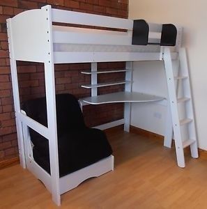 Cabin Beds For Teenagers, Loft Bed With Couch, Bed With Desk Underneath, Futon Bunk Bed, Futon Decor, High Sleeper Bed, Futon Chair, Loft Bed With Desk, High Sleeper