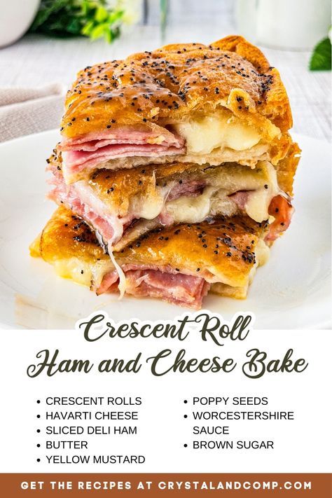 crescent roll ham and cheese bake ingredients list Ham And Cheese Crescent Rolls Pillsbury, Crescent Roll Ham And Cheese, Ham Delights Recipe, Ham And Cheese Crescent Rolls, Crescent Roll Bake, 30 Minute Meals Chicken, Crescent Roll Recipes Dinner, Recipes Using Crescent Rolls, Ham And Cheese Roll Ups